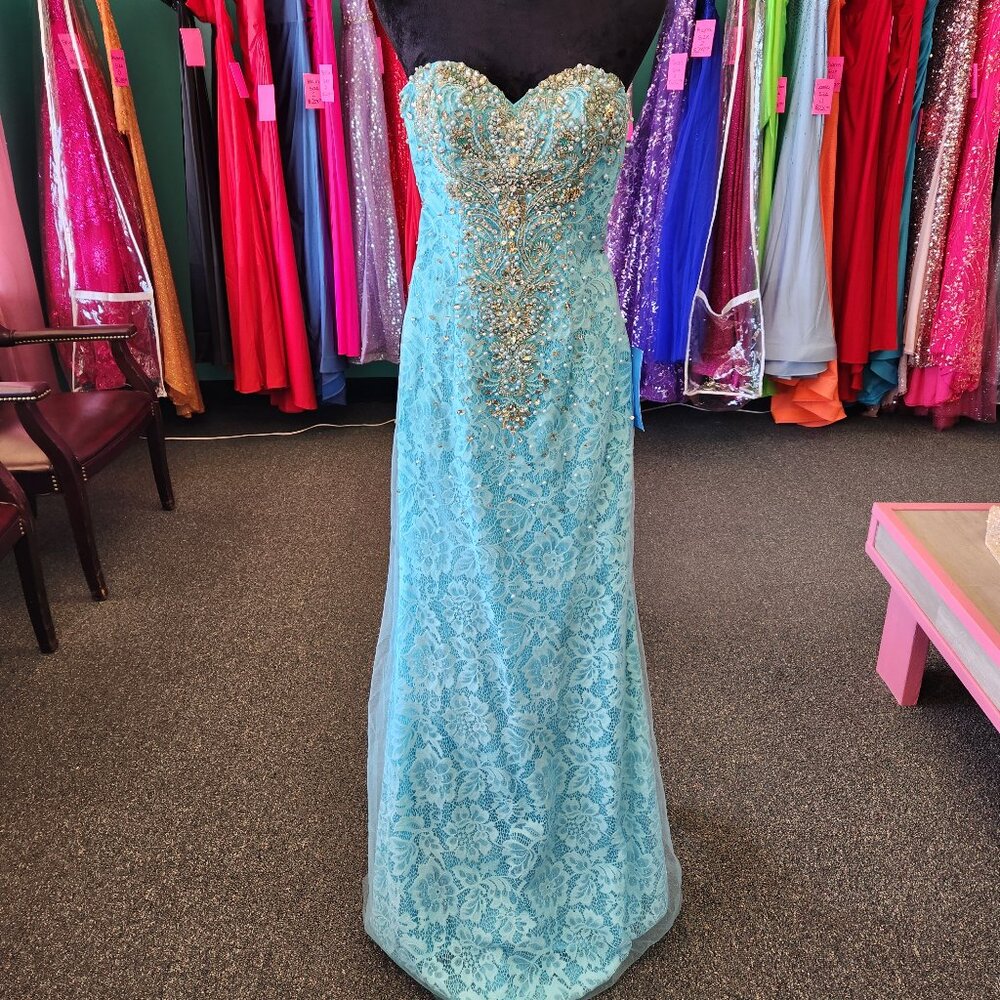 Mori Lee 97012 Size 2 Aqua Lace and Beaded Strapless Prom Dress Evening Gown